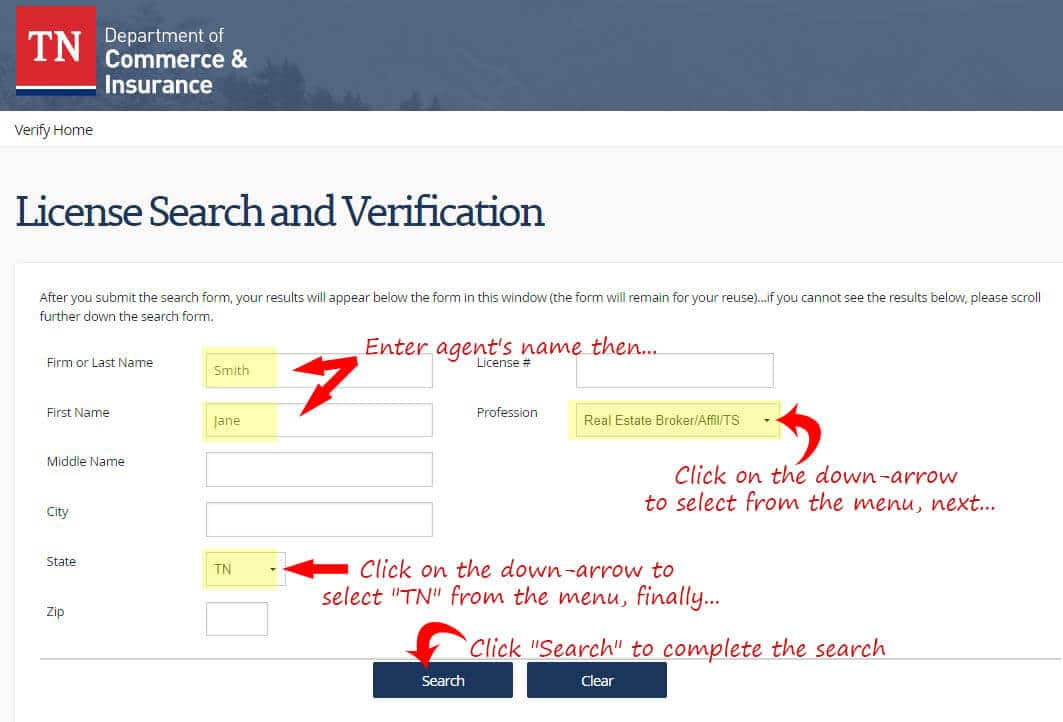 Real Estate License Look-up tool screen capture. Reliant Realty ERA Powered.