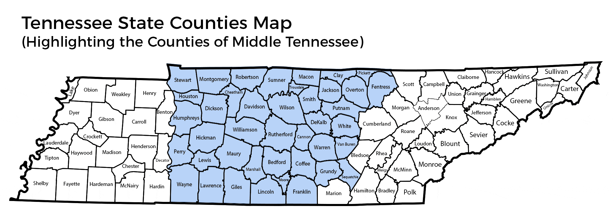 Tennessee State Counties. Highlighting Counties of Middle Tennessee.. Reliant Realty ERA Powered.