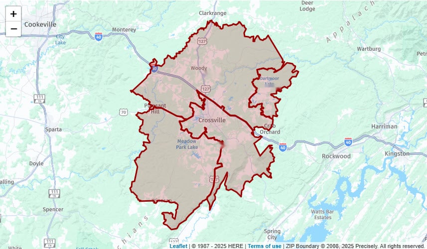 Crossville, TN Zip Code Map. Source: Tennessee Gazetteer